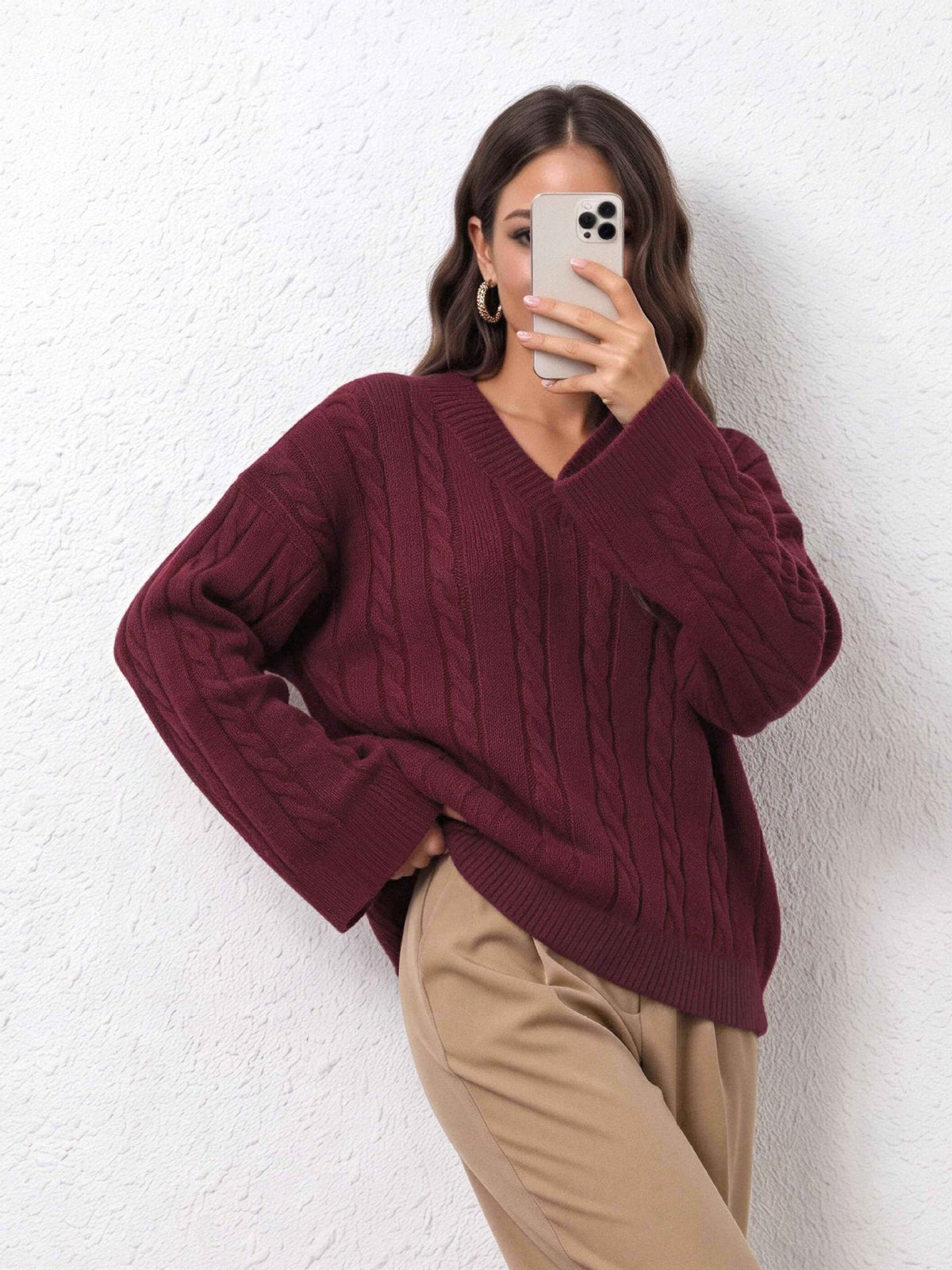 Women's V-Neck Cable Knit Sweater, Burgundy Relaxed Fit Pullover with Long Wide Sleeves