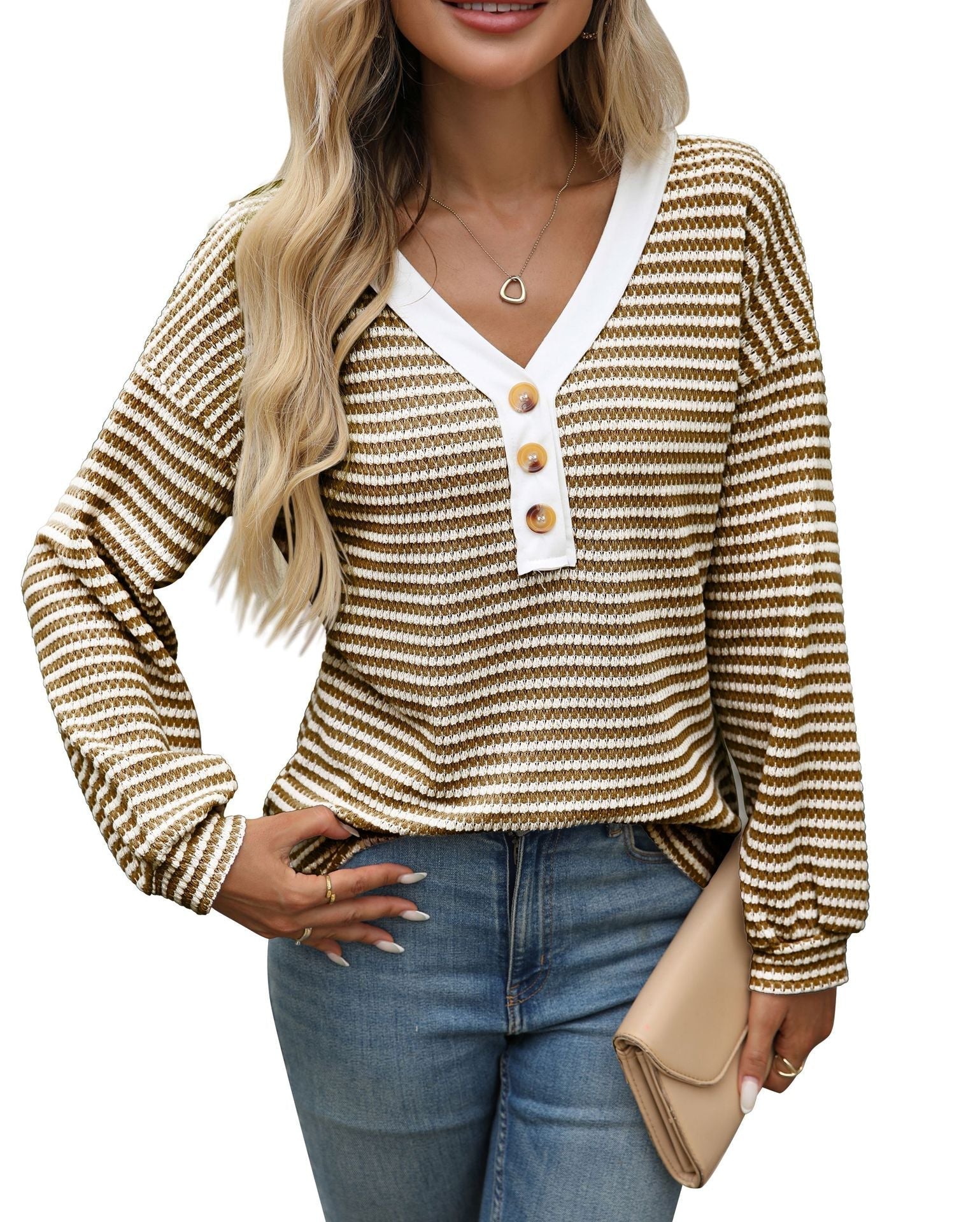 Striped Button-Up V-Neck Top