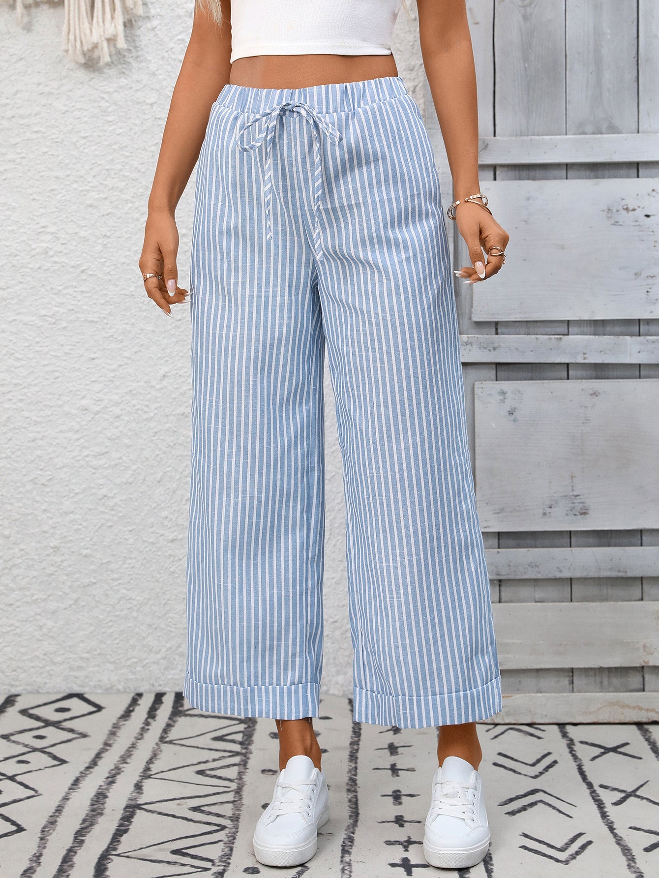 Women Striped High Waist Cropped Pants