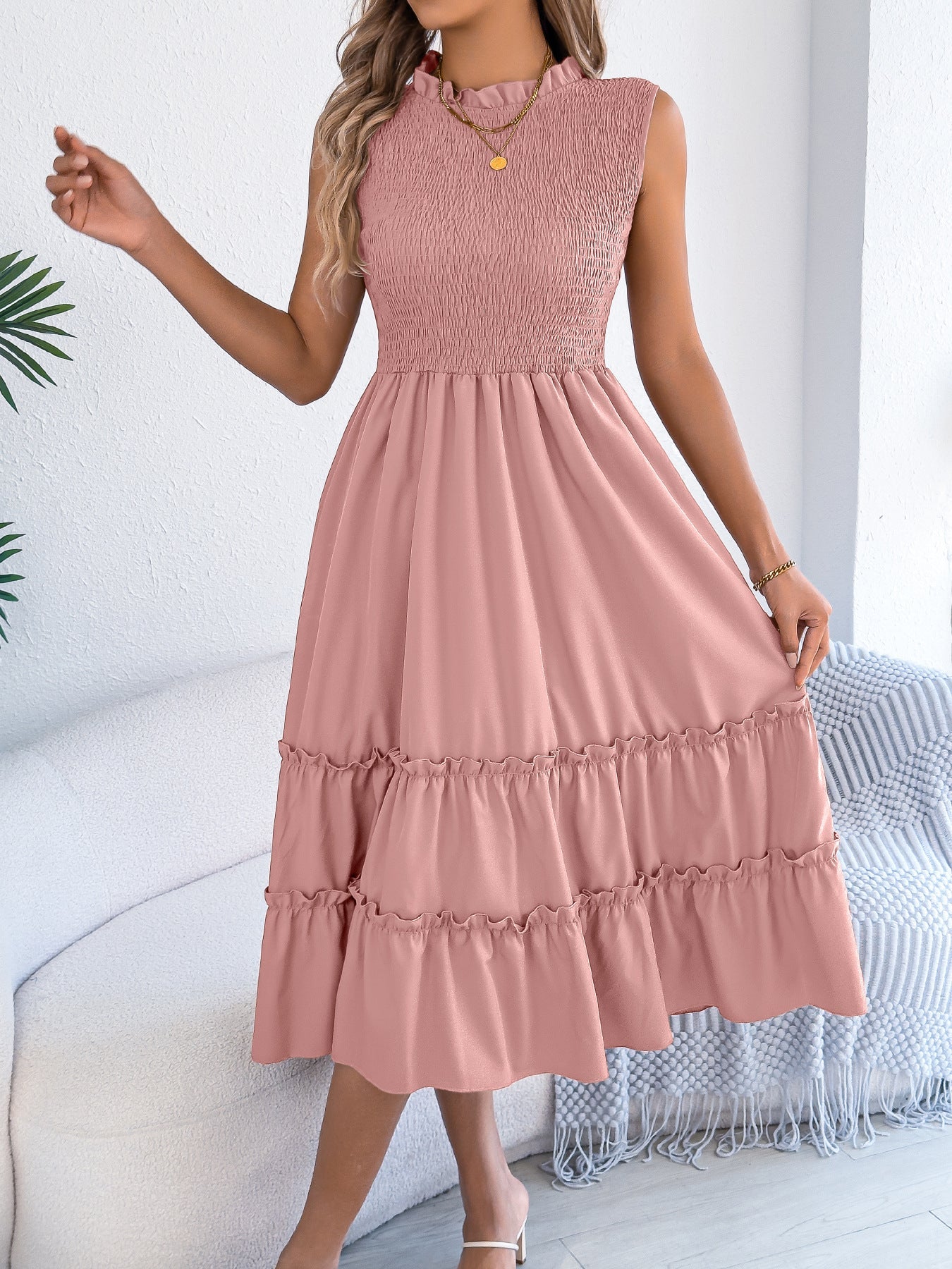 Women's Sleeveless Smocked Waist Ruffle Maxi Dress