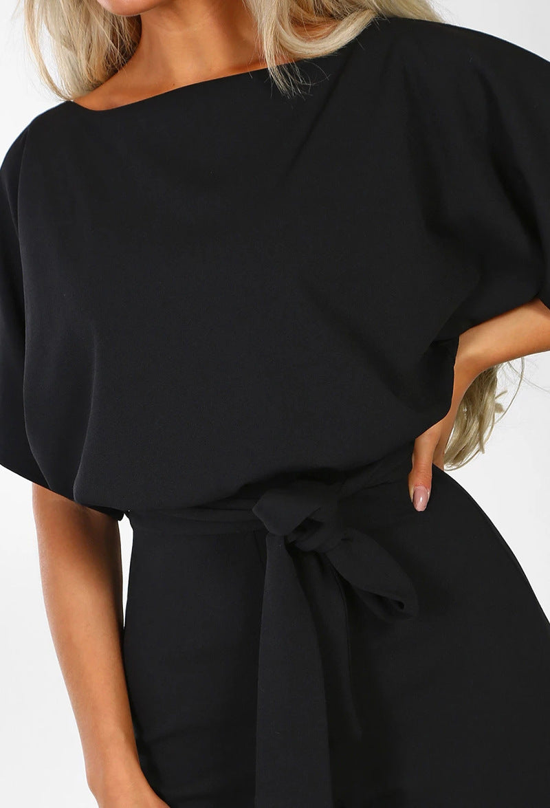 Button Tie Short Sleeve Straight Leg Jumpsuit
