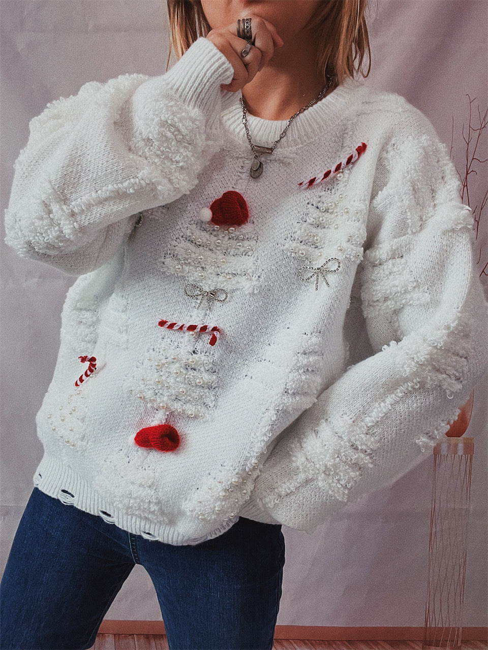 Handcrafted Pearl Embellished Knit Sweater