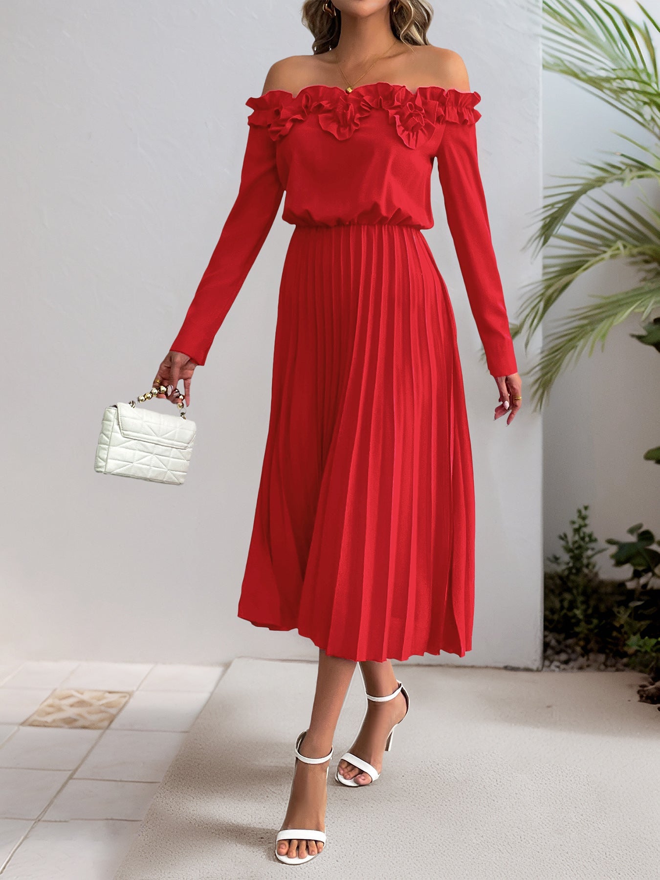 Off Shoulder Long Sleeve Solid Color Dress