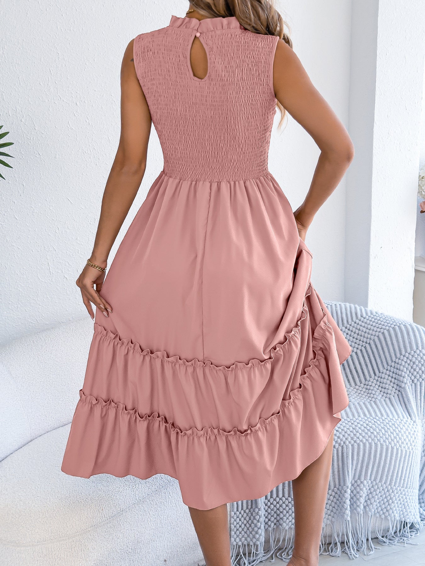 Women's Sleeveless Smocked Waist Ruffle Maxi Dress
