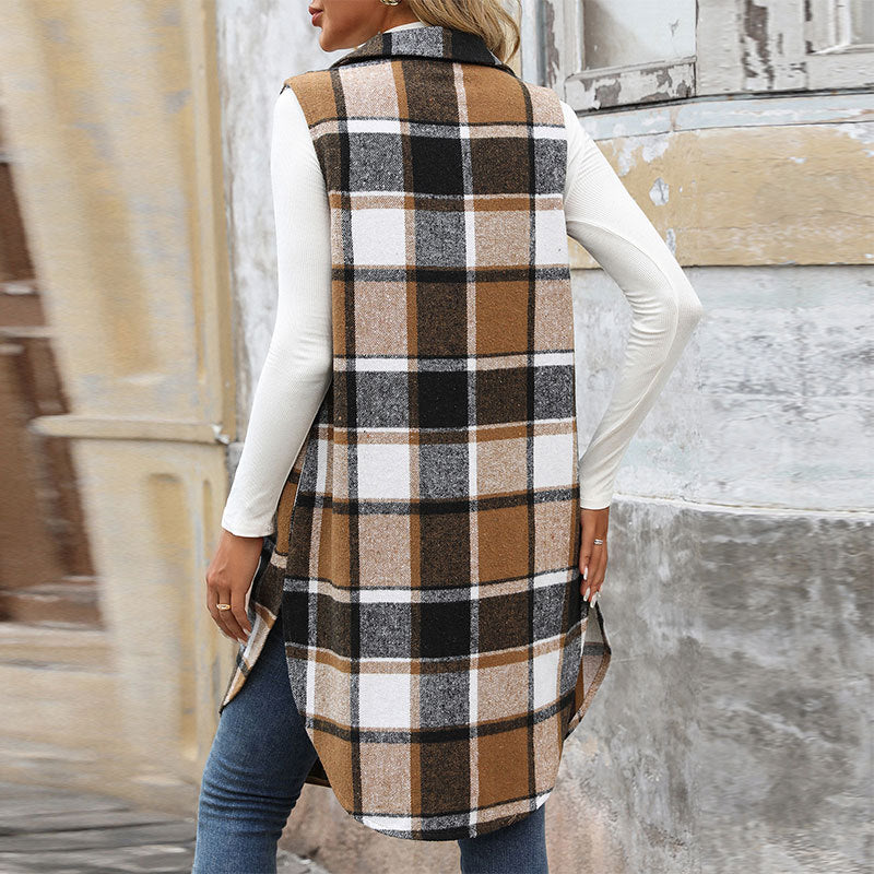 Plaid Button-Up Sleeveless Vest with Pockets