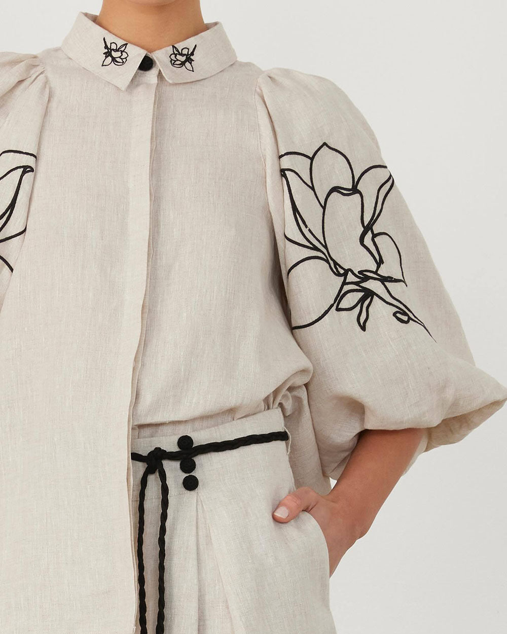 Embroidered Cotton Linen Wide-Leg Set