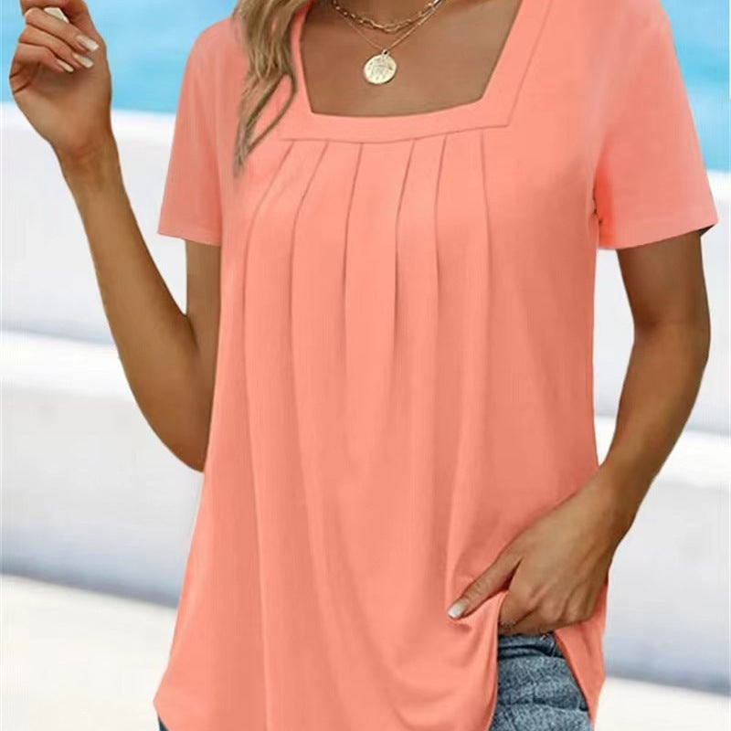 Square Neck Pleated Short Sleeve T-shirt
