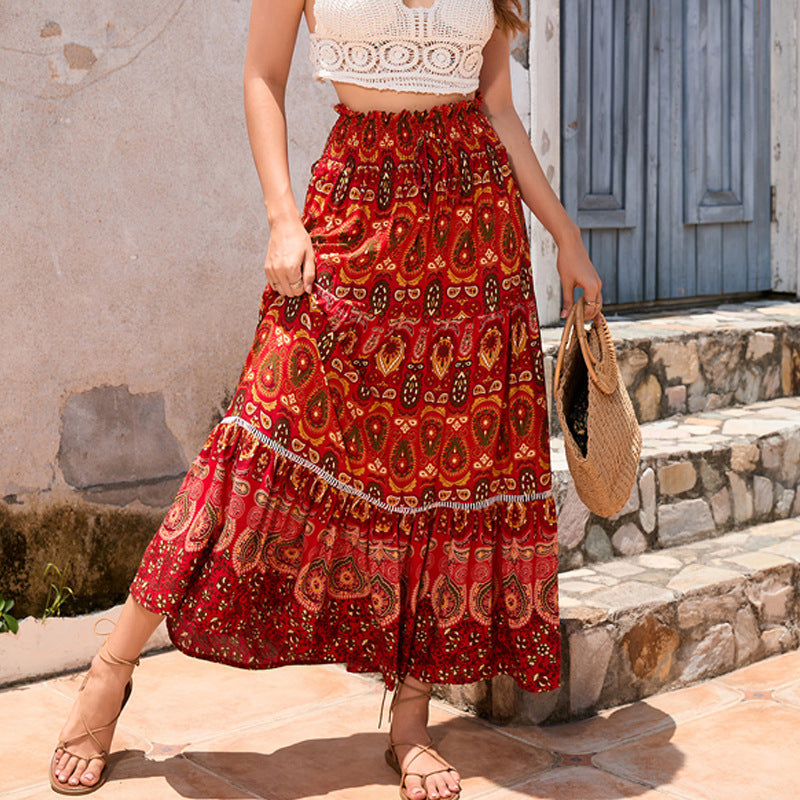 Bohemian Printed Maxi Skirt with Lace Trim