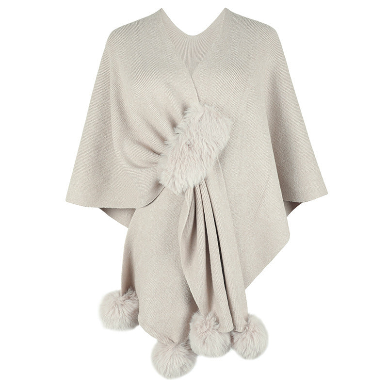 Pom Pom Knit Cape Sweater Shawl Cardigan for Women