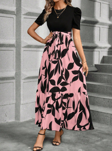 Black and White Floral Print Dress with Belted Waist