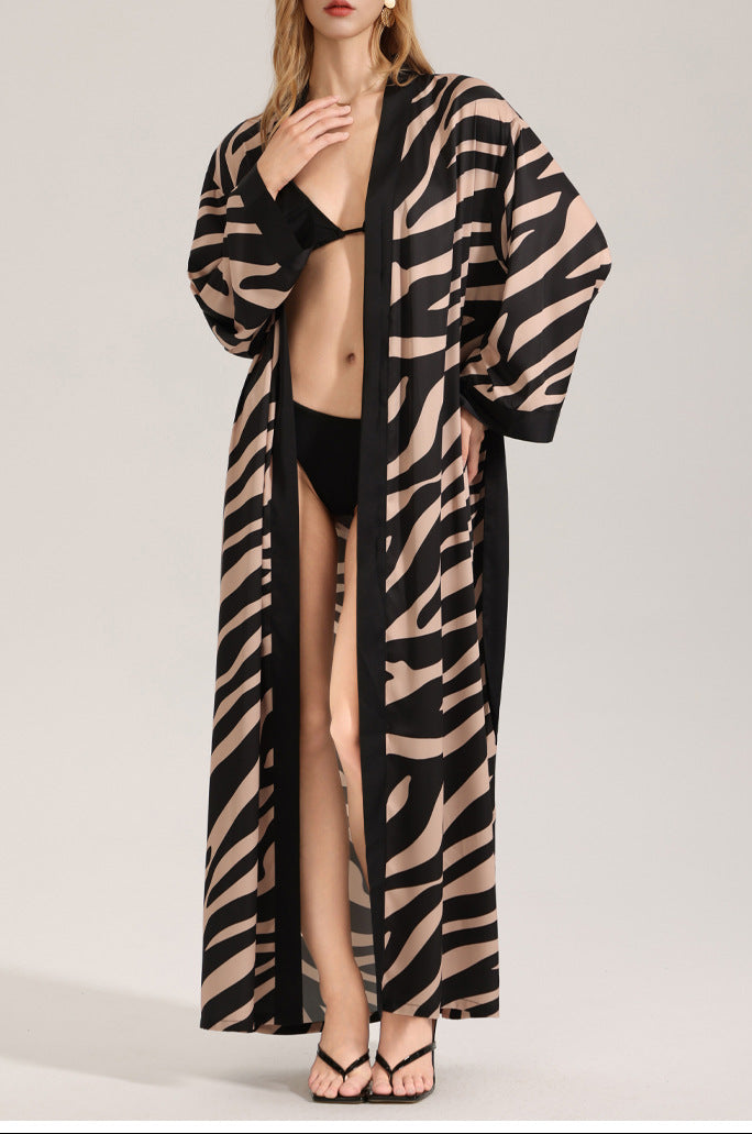 Women Zebra Print Long Sleeve Single Sleep Robe