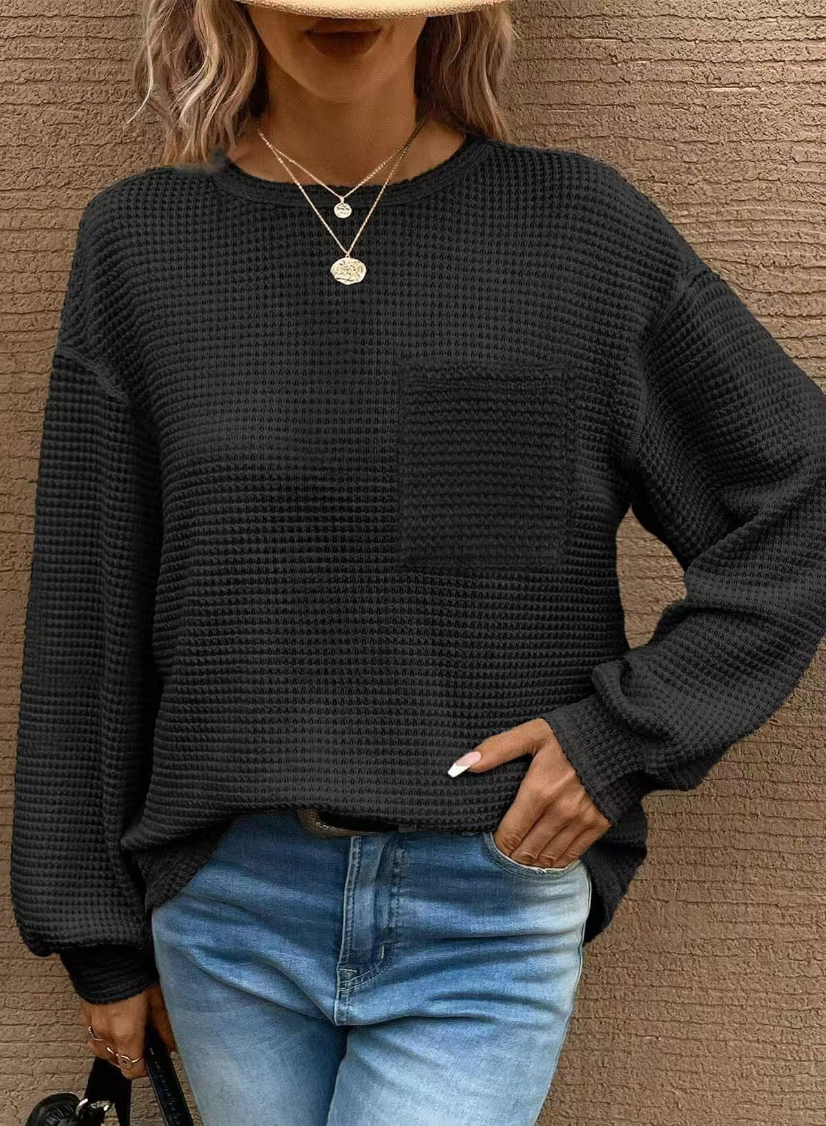 Waffle Knit Long Sleeve Top with Pocket