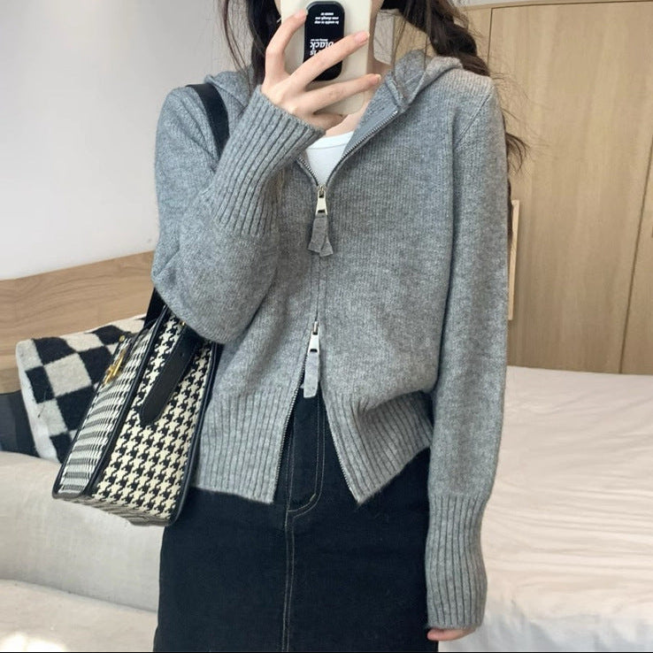 Cropped Double-Zip Hooded Knit Jacket