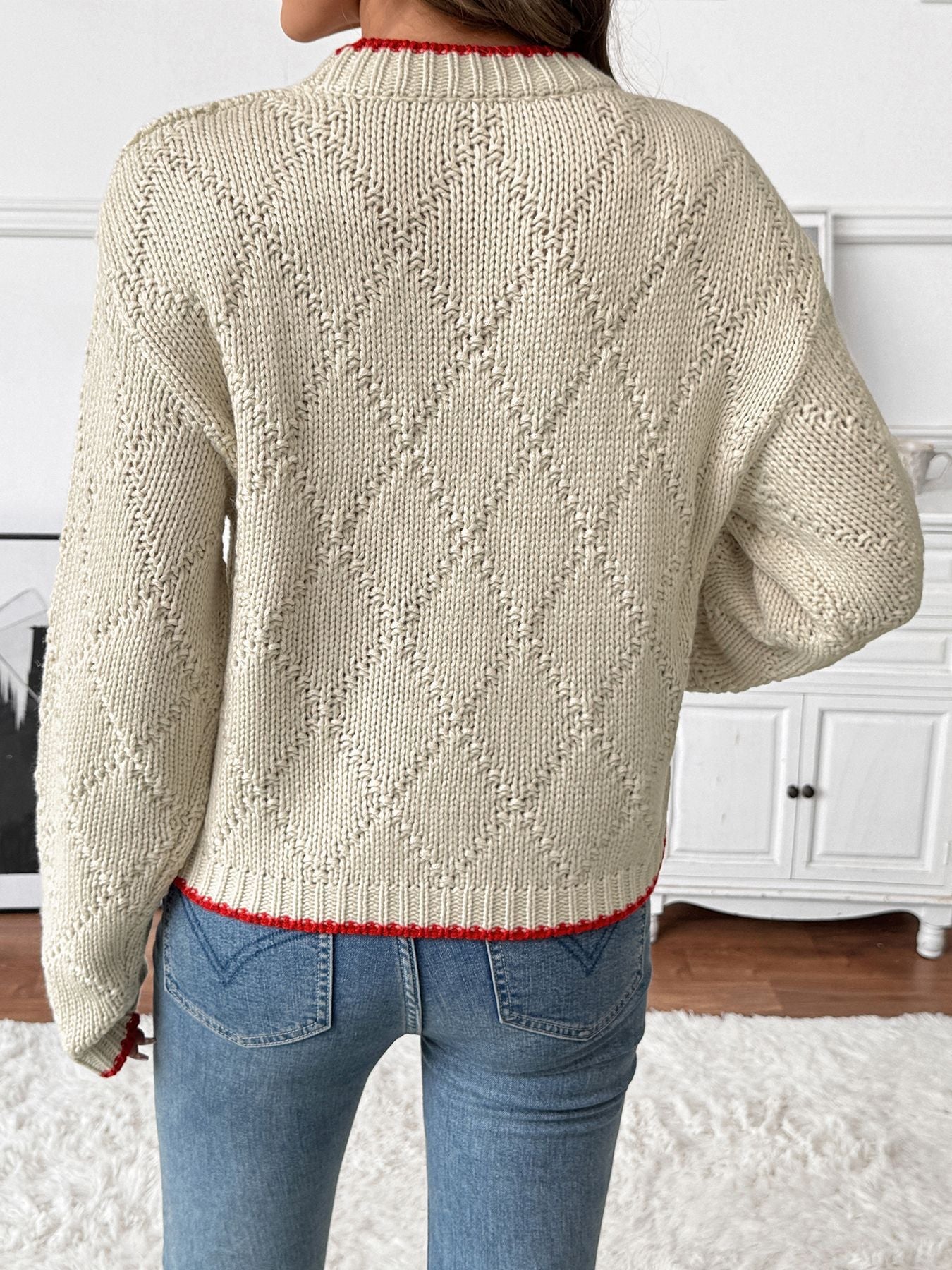 Contrast Trim Fish Motif Knit Sweater