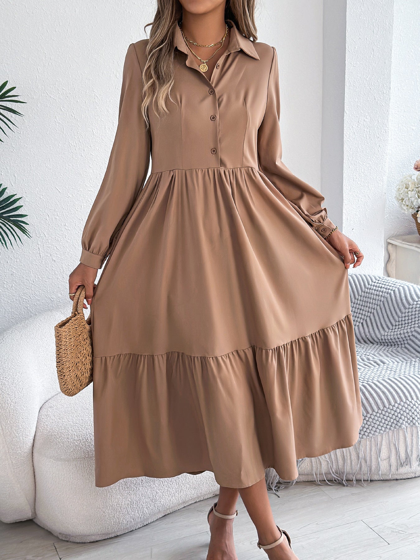Button-Down Long Sleeve Tiered Dress