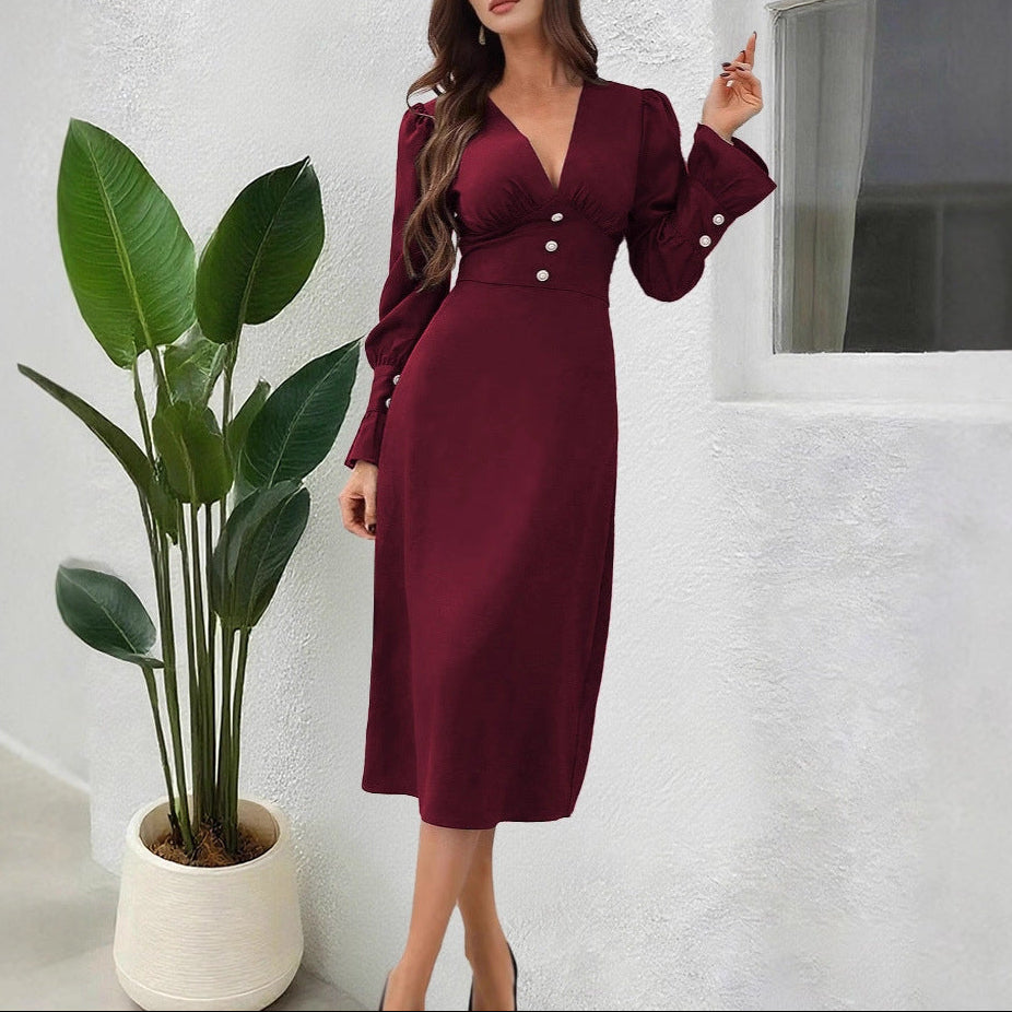 V-Neck Button Detail Long Sleeve Dress