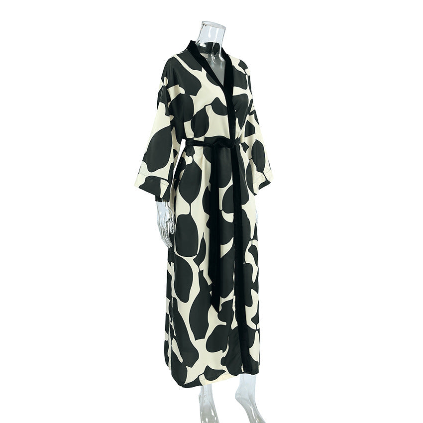 Printed Satin Long Sleeve Tie-Waist Robe