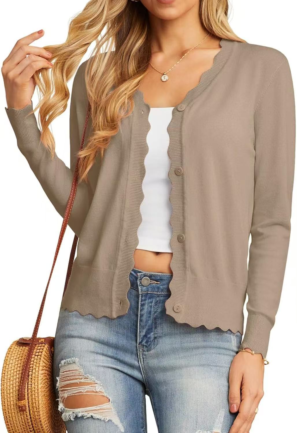 Ruffle Trim V-Neck Cropped Knit Cardigan