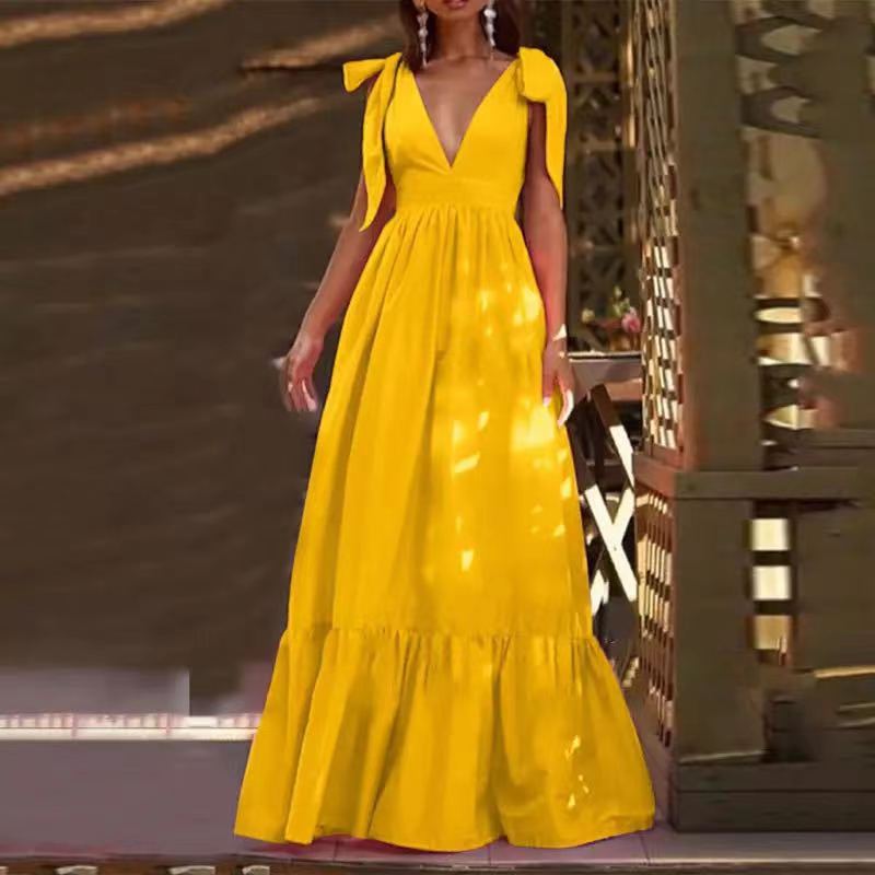 V-Neck Ruffled Maxi Dress with Bow Details