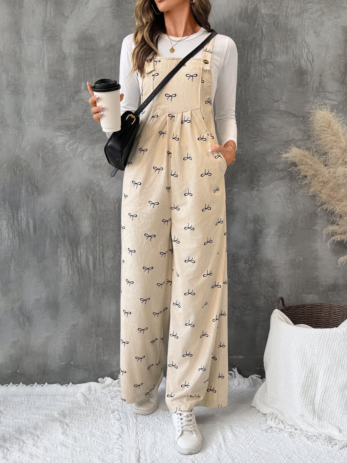 Bow Detail Corduroy Spaghetti Strap Jumpsuit