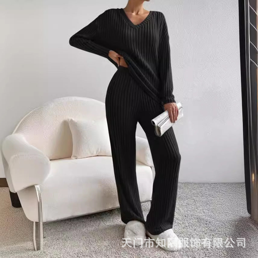 Long Sleeve V Neck Ribbed Knit Top and Straight Pants Set
