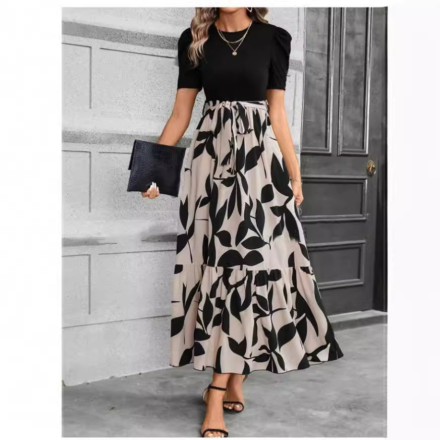 Black and White Floral Print Dress with Belted Waist