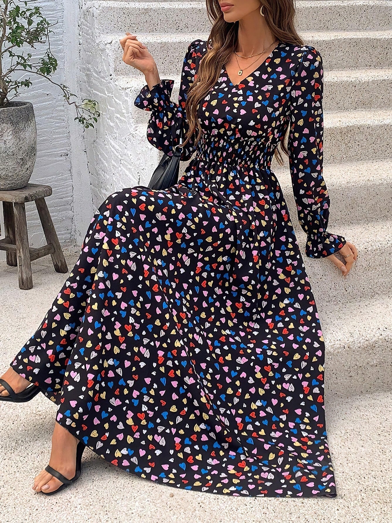 Floral Print V-Neck Long Sleeve Dress