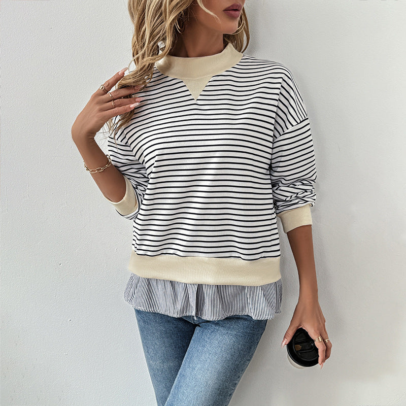 Striped Long-Sleeve Sweatshirt with Ruffled Hem