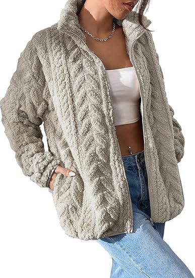 Solid Zip-Up Stand Collar Fleece Jacket