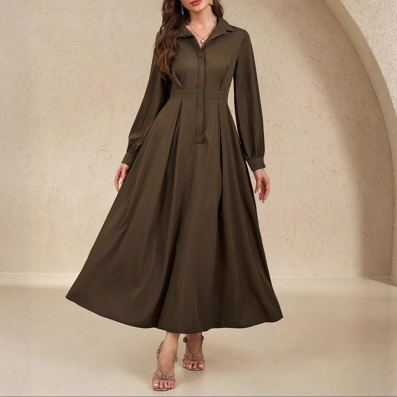 Button-Down Long Sleeve Midi Dress