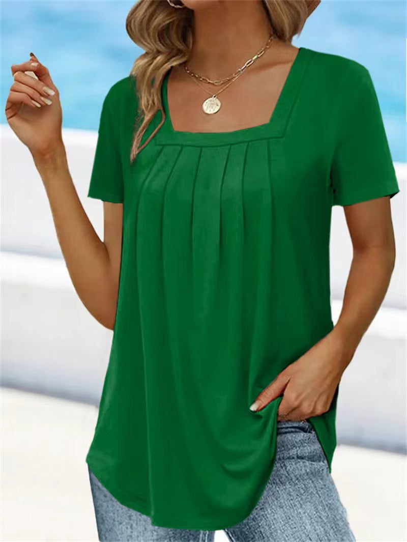 Square Neck Pleated Short Sleeve T-shirt