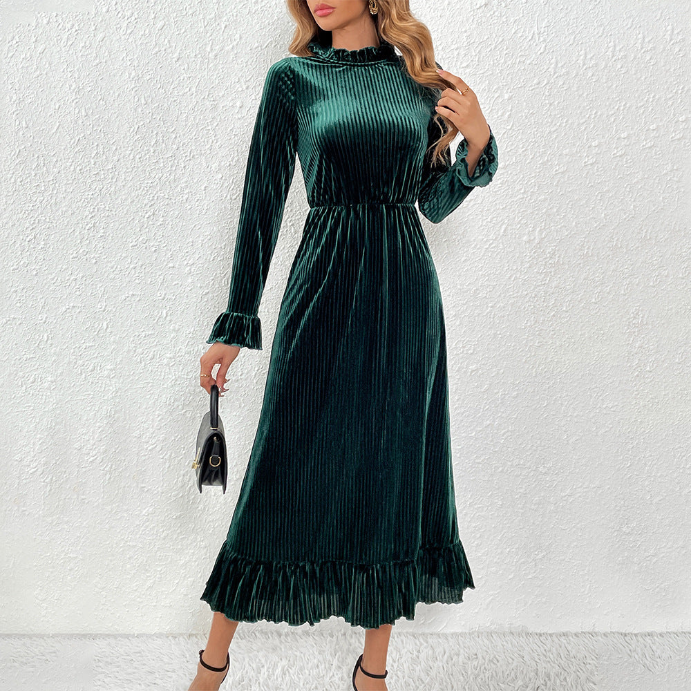 Velvet Long Sleeve Ruffled Midi Dress