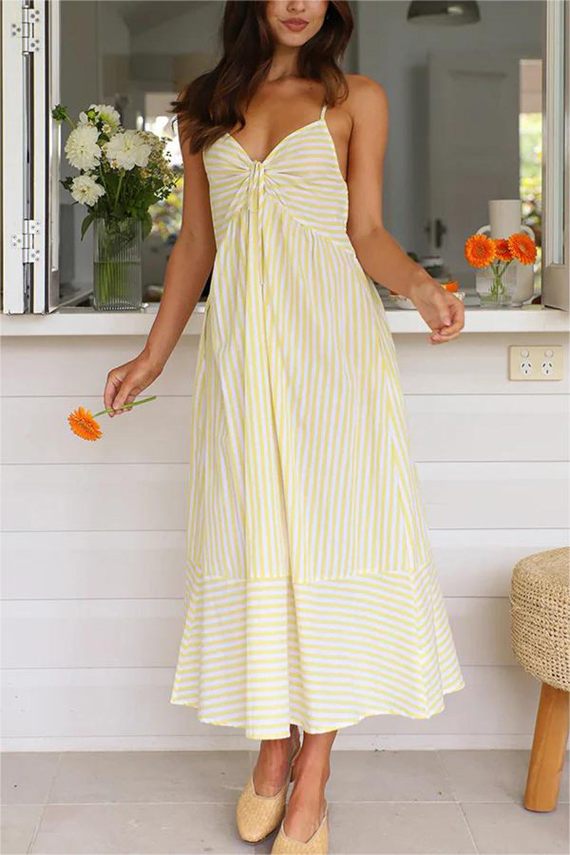 Striped Lace-Up V-Neck Cami Dress