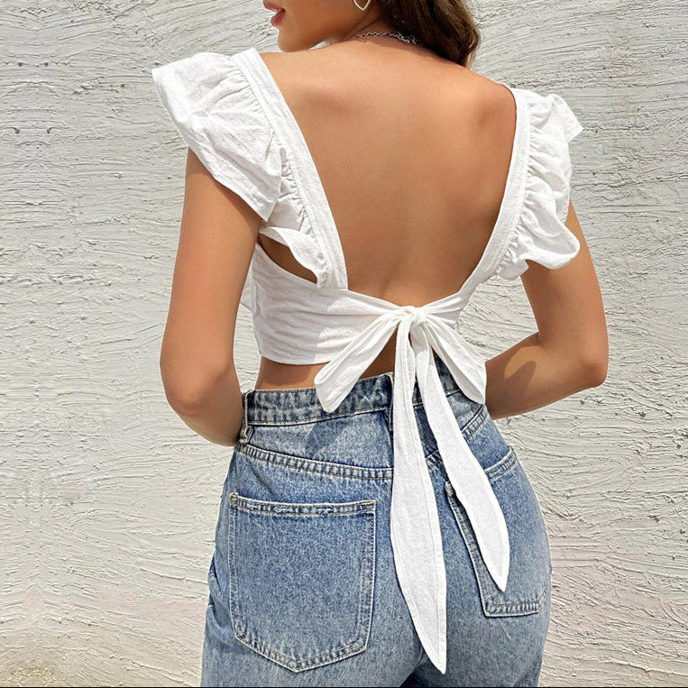 Square Neck Backless Tie Ruffle Top