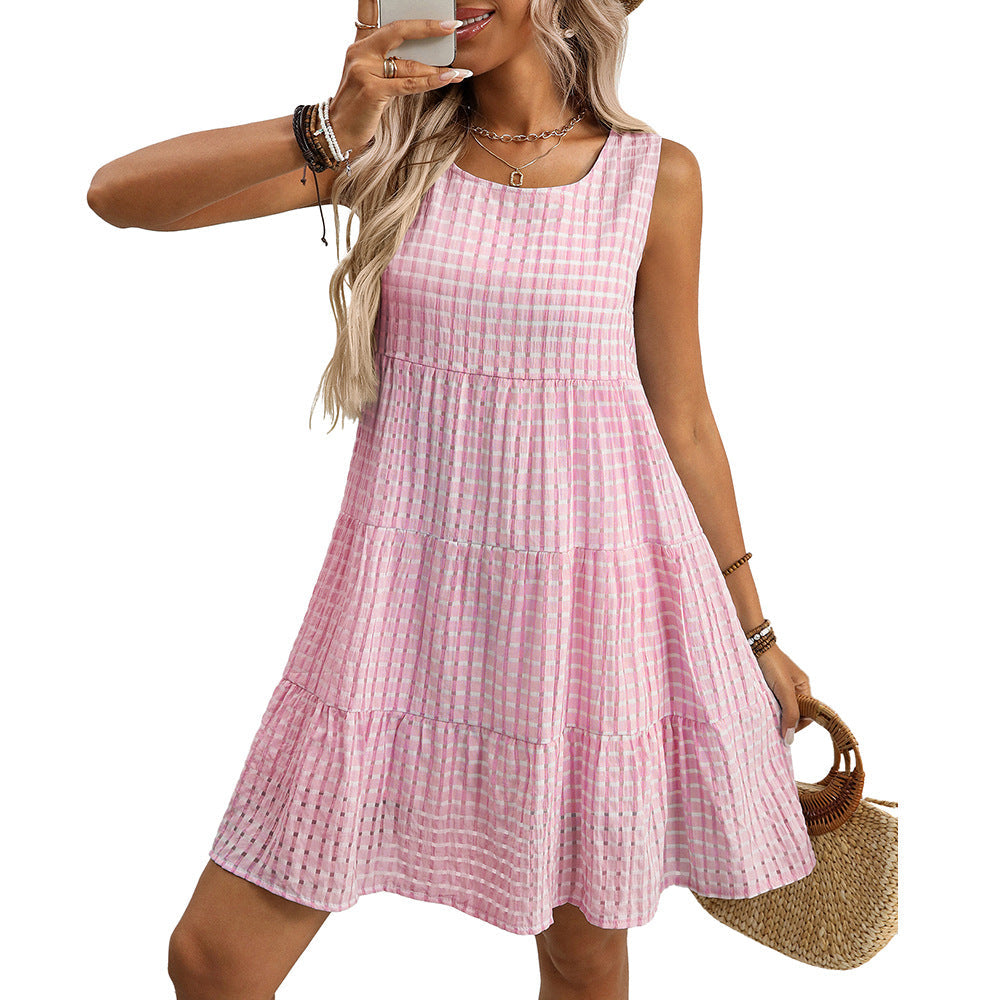 Sleeveless Plaid Chiffon Loose Flow Dress