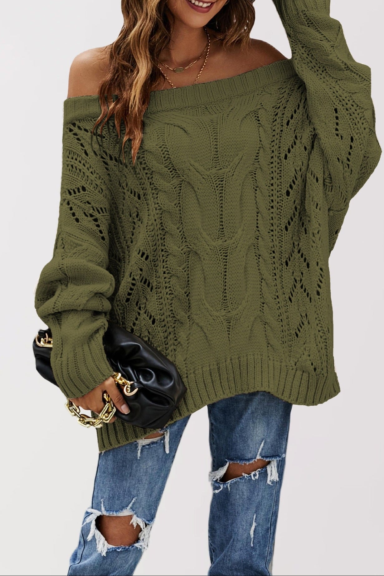 Off-Shoulder Chunky Cable Knit Sweater