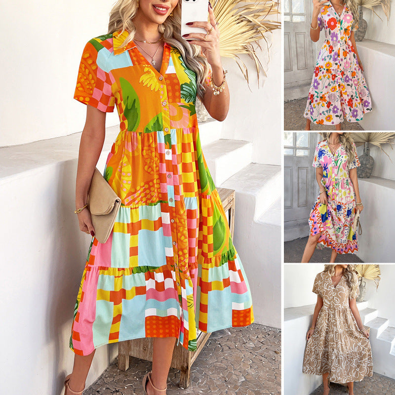 Bohemian High-Waist Geometric Colorblock Dress