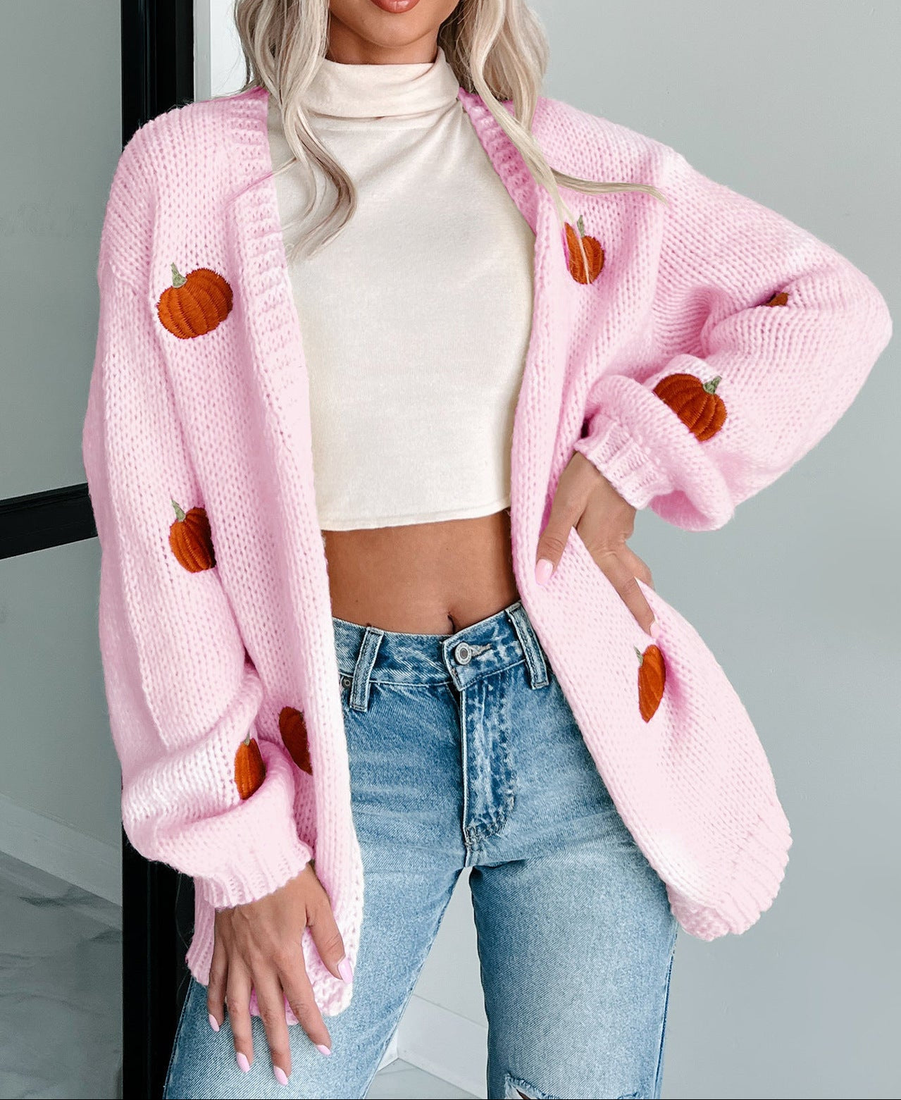 Pumpkin Embroidered Knit Cardigan