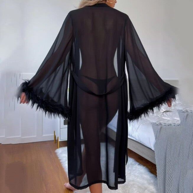 Faux Silk Feather Trim Long Tie Robe