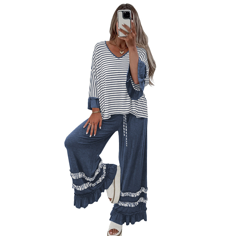 Women’s Striped Ruffle Sleeve Two-Piece Lounge Set – Casual Top & Wide Leg Pants