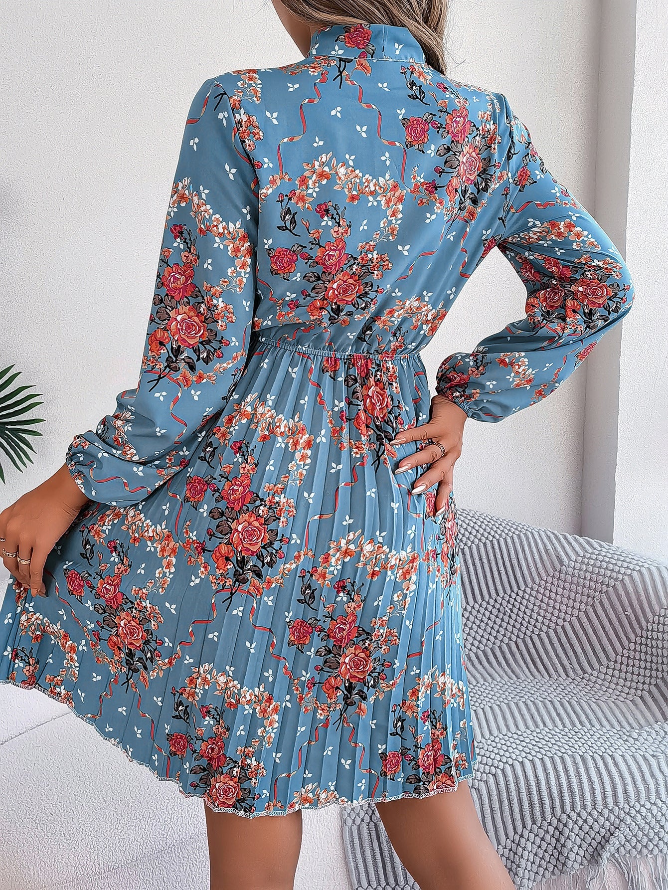 Floral Tie Waist Pleated Long Sleeve Dress