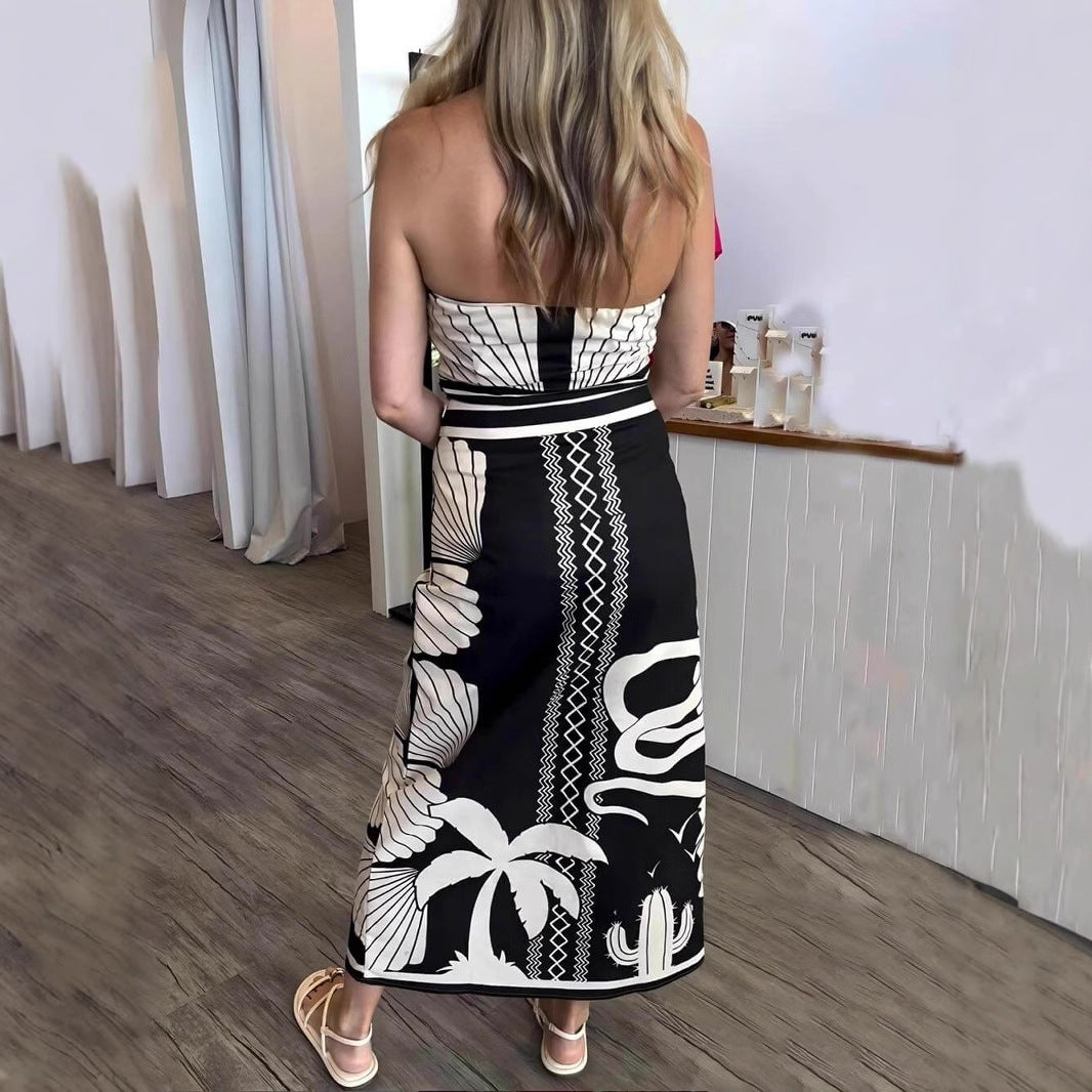 Strapless Shell Print Backless Slit Dress