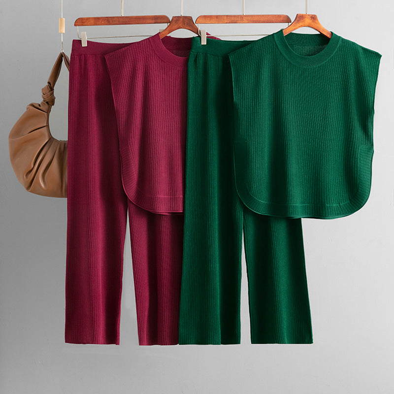 Sleeveless Knit Top & Wide-Leg Pants Two-Piece Set