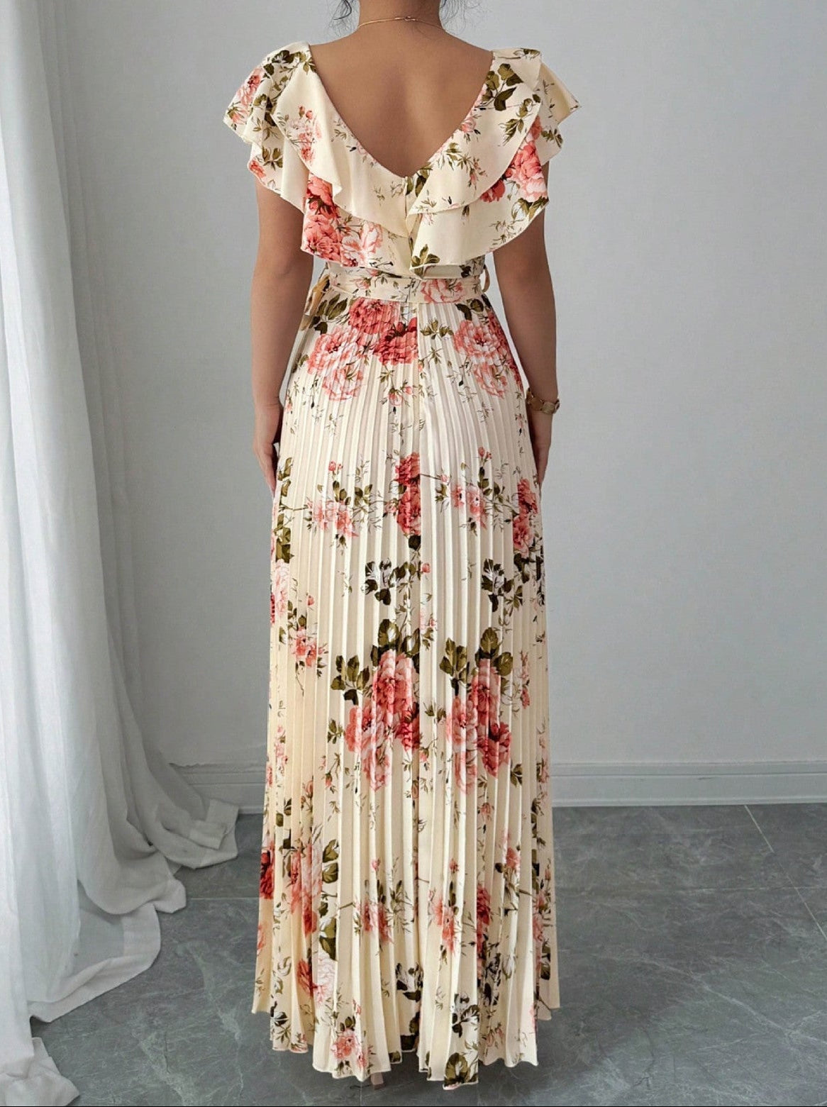 Women V Neck Floral Print Ruffle Waist A Line Dress