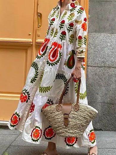 V Neck Printed Long Sleeve Street Style Dress
