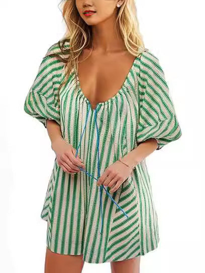 Striped Short Sleeve Deep V Wide Leg Jumpsuit