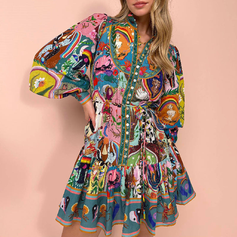 Printed Long Sleeve Tie-Waist Pleated Dress