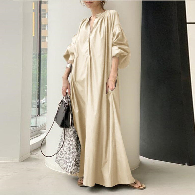 Cotton Lantern Sleeve Flowy Midi Dress