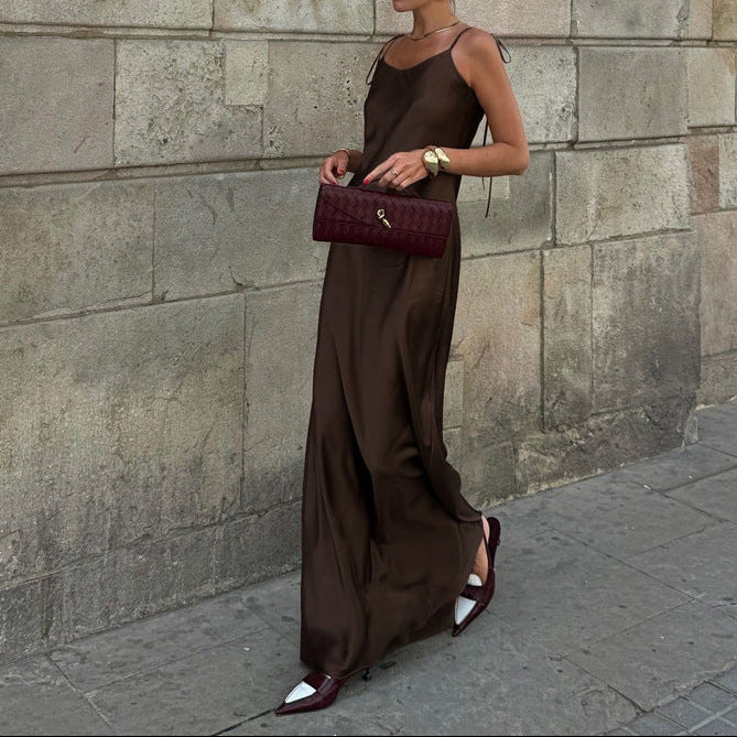 Satin Tie-Strap Sleeveless Maxi Dress