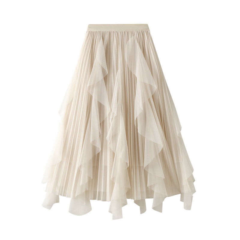 High Waist Ruffle Mesh Pleated Midi Skirt